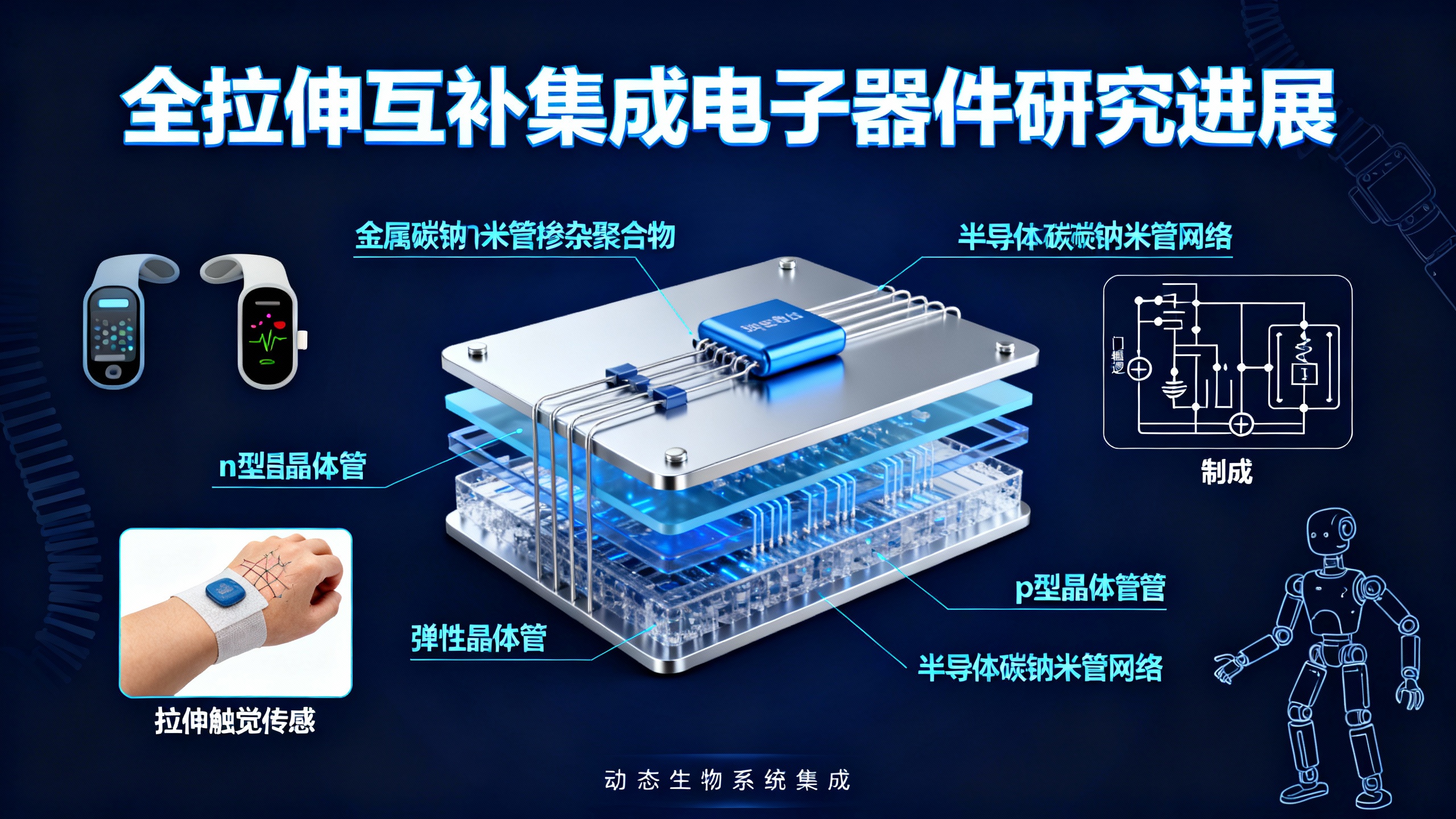 可拉伸的柔性电子设备：基于弹性双类型晶体管的新技术