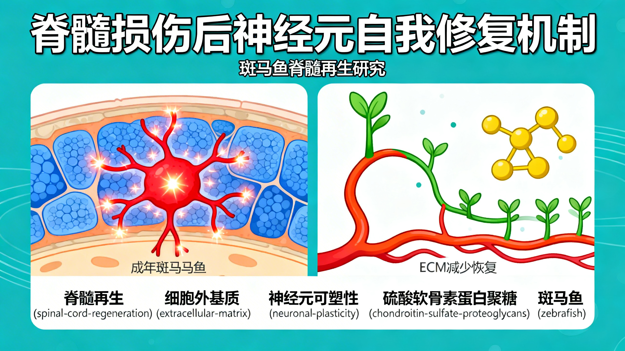 成年斑马鱼脊髓再生过程中，受损神经元及其周围环境的动态变化