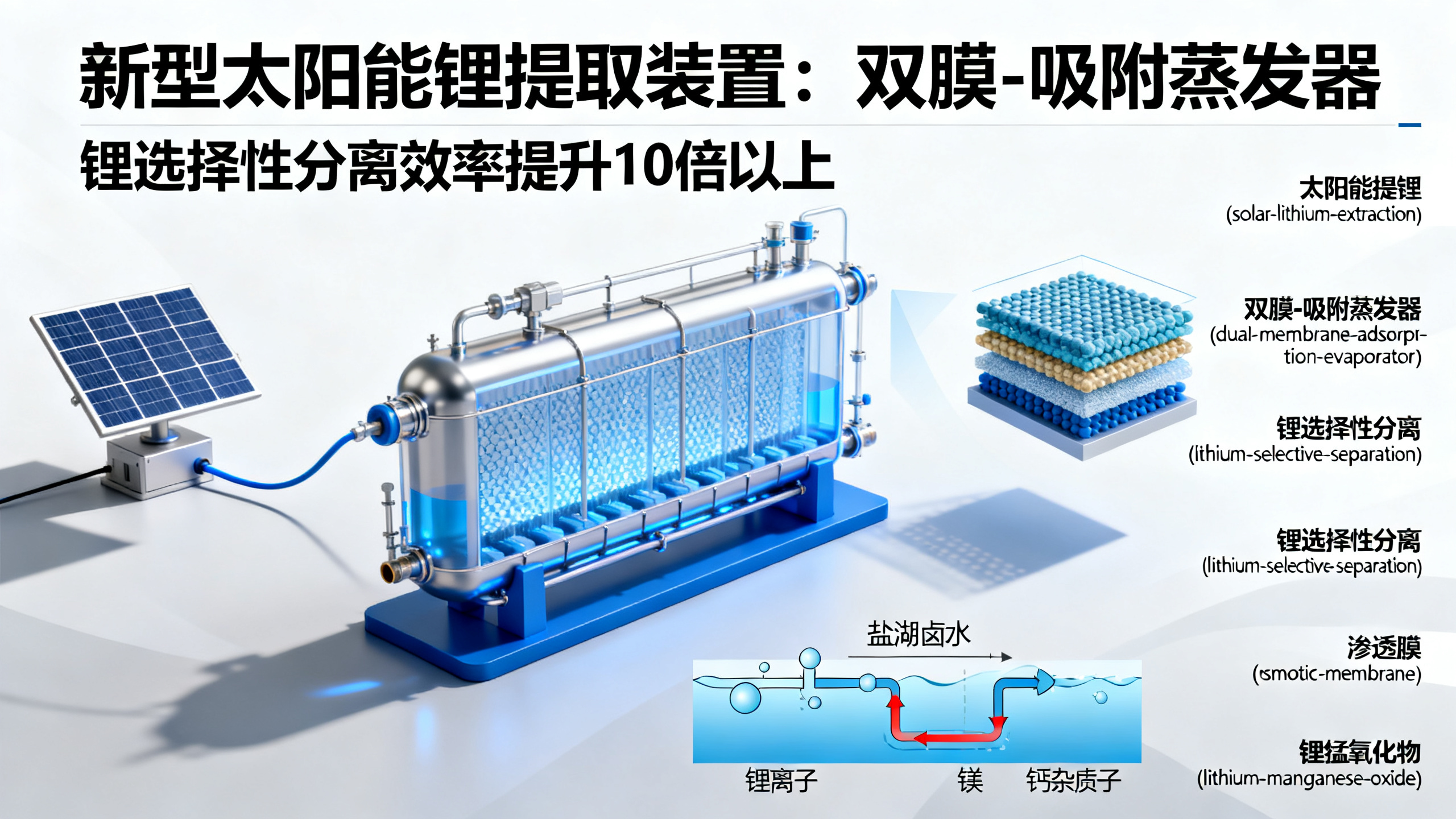 一种利用太阳能从复杂卤水中提取锂的双膜吸附蒸发器
